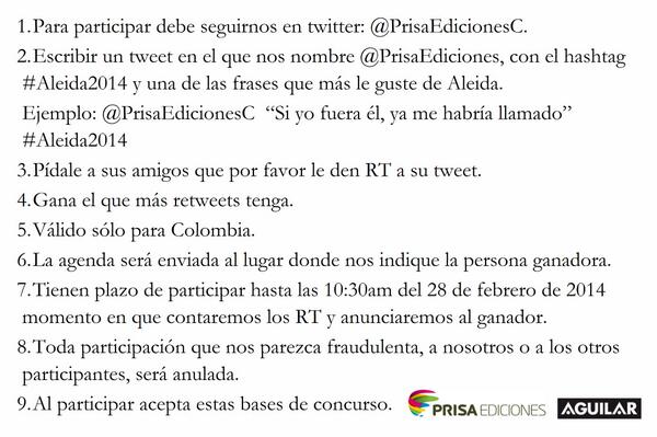 AlfaguaraCol's tweet photo. Llegó el momento, esto es lo que deben hacer para participar por una agenda de @AleidaPlus
#Aleida2014 @VLADDO http://t.co/BuC3BPpgj8