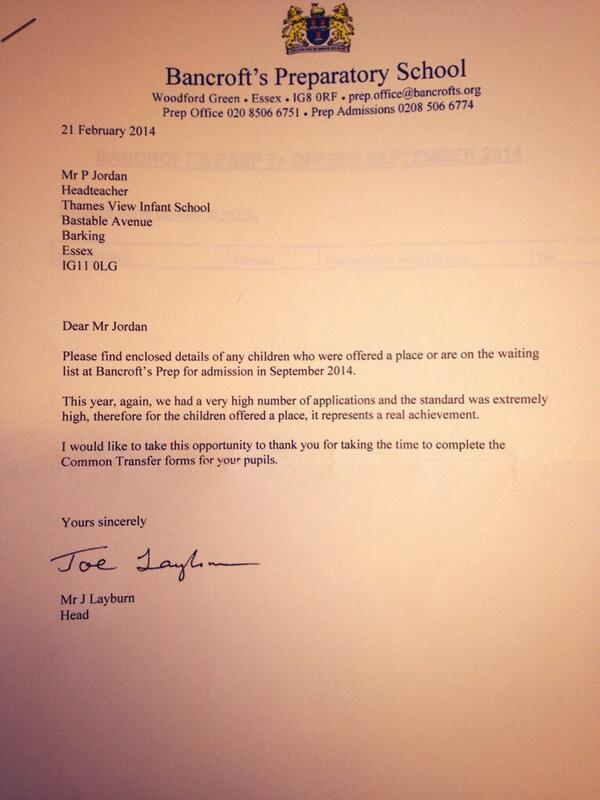What a lovely letter from #bancroftpreparatoryschool who have admitted one of our pupils! I'm so #proud! #allachieve
