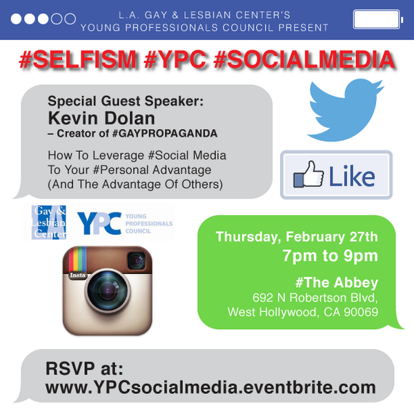 WEHOonline's tweet photo. #SELFISM event w/ @GayPropaganda co-founder tonight. @LaGayCenter_YPC @TheAbbeyWeHo http://t.co/7Hg5NLgHB1 http://t.co/pF5CeFYHuv