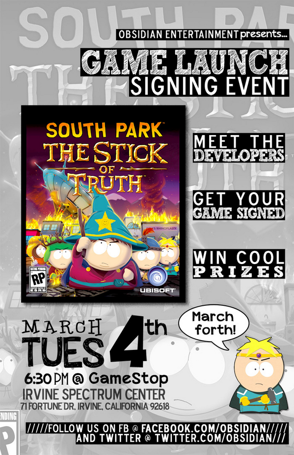 Obsidian is doing a #stickoftruth signing on Tuesday, March 4th. See flier for more info! #stickhappens #videogames