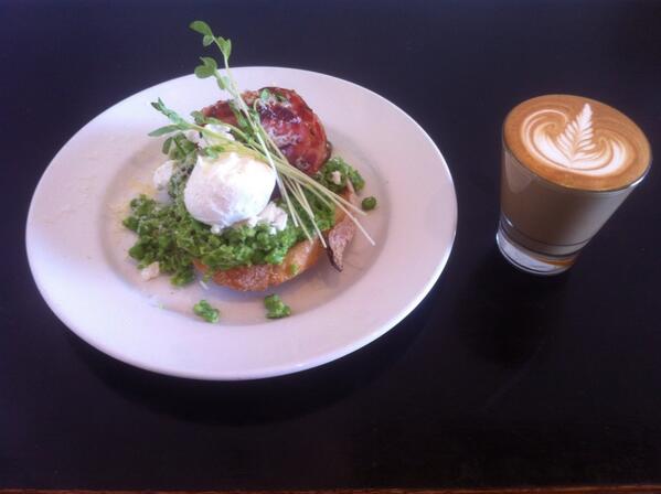 New special for the weekend! - smashed peas with feta, poached eggs, crisp pancetta and shaved pecorino on sourdough