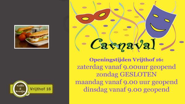 JvdBorne's tweet photo. Ook met carnaval genieten van de broodjes van Vrijthof 16 Koffie&amp;Broodjes? Hier de openingstijden tijdens deze dagen: http://t.co/ZL7MvLPNJp