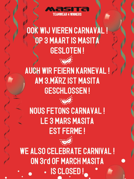 Next monday we’re closed due to Carnaval! <a href="/MasitaTeamwear/">Masita Teamwear</a> wishes you a good one! - masita.com