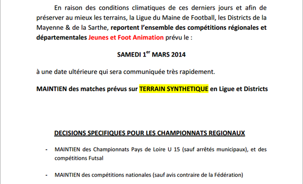 Mulsannefoot's tweet photo. La ligue du Maine et les districs (Sarthe et Mayenne) annules tout les matchs du Week-end pour les jeunes ! 1/2 http://t.co/vo5pi8W0Kh