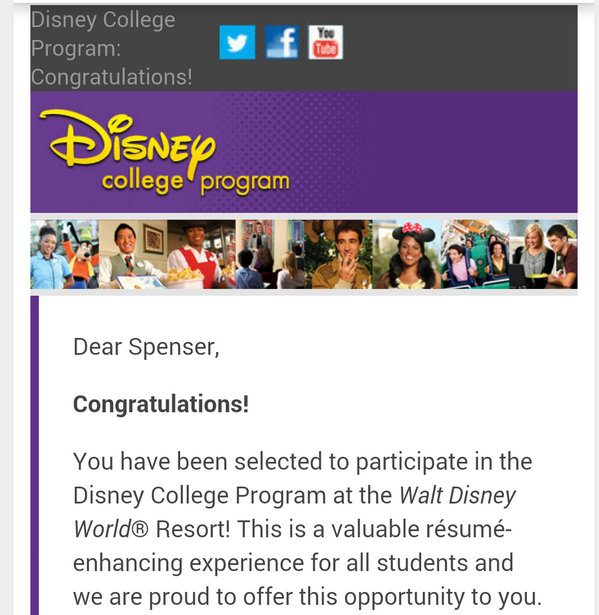 volfanspense's tweet photo. IM GOING TO DISNEY WORLD!!! Finally accepted into the Disney College Program! http://t.co/6bRd5Lyw0Q