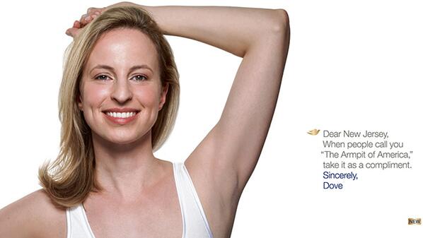 CaseyKirsch's tweet photo. @AdFreak: Dove ad says NJ should be proud of being Armpit of US: http://t.co/7KtvvmA2Z2 http://t.co/ilHV0HyPKp #jerseystrong @b_a_kirsch