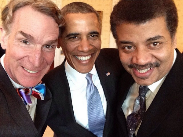 NASAWatch's tweet photo. Neither person in the selfie w/ the President are interested in having humans in space - only robots. #WhatIsNASAFor http://t.co/01tU4XppY7
