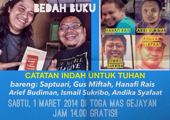RT"<a href="/Saptuari/">► Saptuari Sugiharto</a>:BEDAH Buku CATATAN INDAH UNTUK TUHAN sore ini jam 2 di @togamasjogja seruuu! Gratiss! Inspiratif! ► "