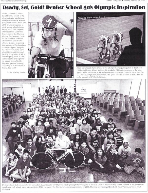 ReadySetGold's tweet image. Gardena Valley News featured '04 &amp;amp; '08 Olympic Cyclist @aduvendeck &amp;amp; his work at @LASchools Denker EL #preventobesity