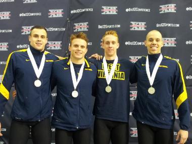 WVUSwimDive's tweet photo. Men's 200 Free Relay New Record and NCAA Qualifiers! Ross, Bryce, Julien and Tim. http://t.co/iUmwOmvXUw