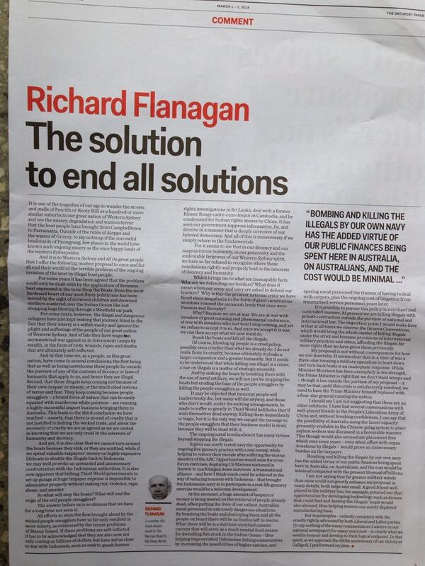 _thinkbird's tweet image. Great Richard Flanagan article with asylum seeker solution in new paper in melbourne 'the Saturday paper'