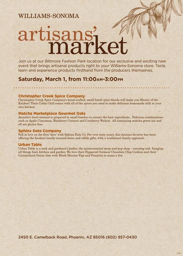 sphinxdateco's tweet image. Tmw 11-3 join us @WilliamsSonoma @BiltmoreFP with @CabinChili @theurbantable &amp;amp; matcha marketplace!