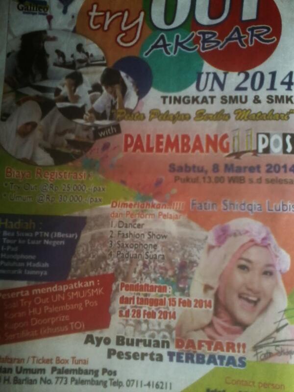 JalanDoang's tweet photo. Buat yg ada di Palembang siap2 nih Try Out UN ama @FatinSL @FatinisticPLG04 @FatinisticJadul @FatinRockOn http://t.co/Y7NyQKgG2E
