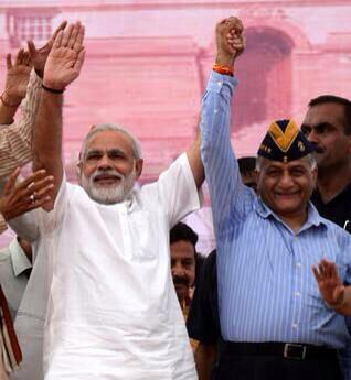ravibhadoria's tweet photo. "@NeenaRai: Great day for patriots!! #YogiForModi  and #FaujiWithModi @Gen_VKSingh joins BJP today.. http://t.co/ihFhflJCdK@sunil_Choudhury
