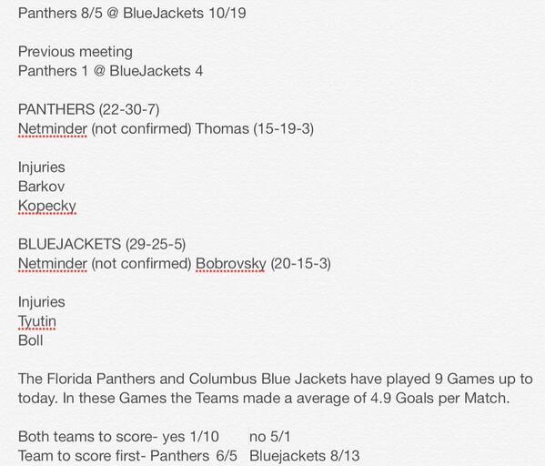 HockeyBetTips's tweet photo. Betting advice on the Columbus Blue Jackets vs Florida Panthers http://t.co/niGewsxWc6
