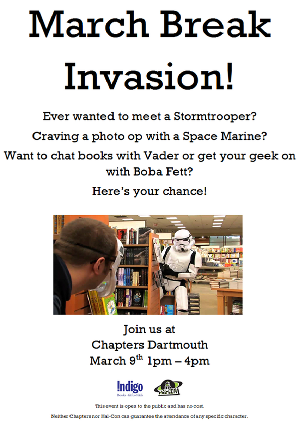 halcon_scificon's tweet photo. Looking for fun things to do to kick off March Break? Join us at  @ChaptersDrtmth for a Hal-Con March Break Invasion! http://t.co/ZIakbQX8gG