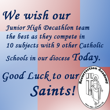 Resurrection_CA's tweet photo. Good luck to our Junior High Decathlon team. GO SAINTs! http://t.co/q7Vk1uAwr7