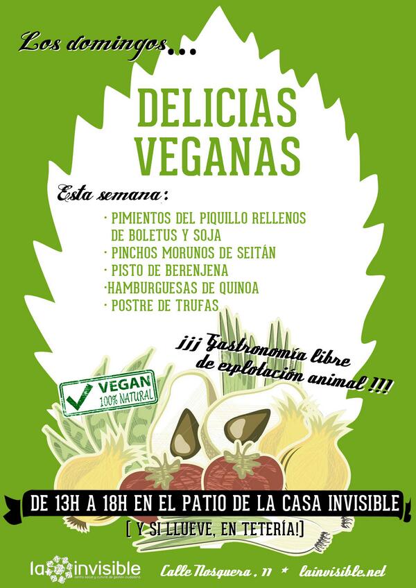 Quinoa_vegana's tweet photo. Degustación de tapas veganas hoy en @LaCasaInvisible de 13h a 18h. http://t.co/zl9JXCDpdO