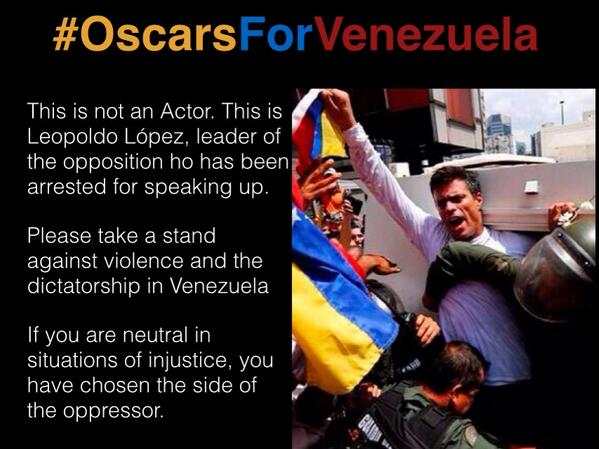 This Sunday, please help us to take a stand against repression in Venezuela <a href="/McConaughey/">Matthew McConaughey</a>
#OscarsForVenezuela