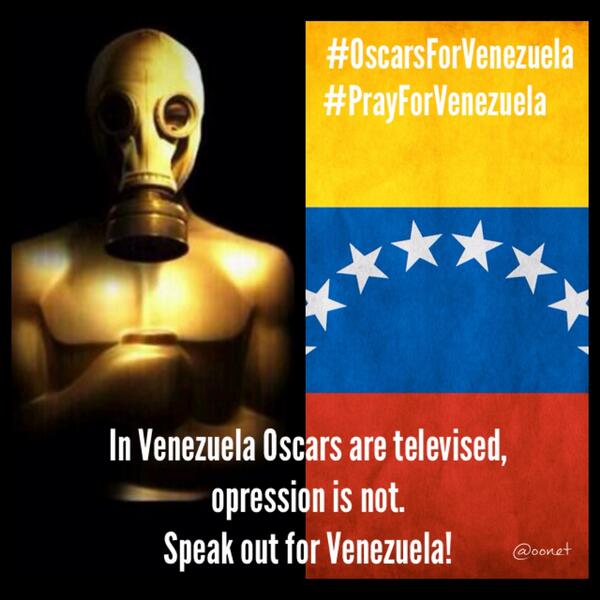 In Venezuela Oscars are televised,opression is not. Speak out for Venezuela!Thanks <a href="/penelopecruz1/">not Penelope Cruz</a> #oscarsforvenezuela