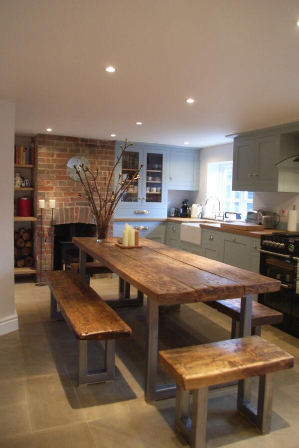 AlbanInteriors's tweet photo. Reclaimed Pine table and bench seats along with a painted kitchen made by Alban Interiors http://t.co/EjDPqffcAq