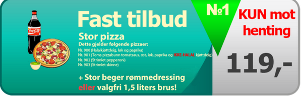 PizzaPartnerAS's tweet image. Stor pizza med valgfri 1,5 liter brus eller rømmedressing for kun 119,-