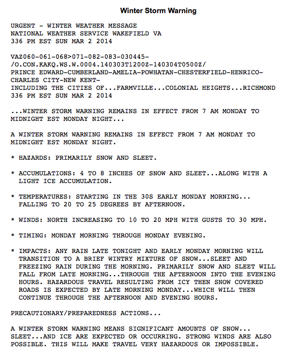 NKFireRescue's tweet photo. New Kent is under a Winter Storm Warning for Monday March 3. Please check out http://t.co/aoGCi9yNy2 for more details http://t.co/DMkCyuX7h1