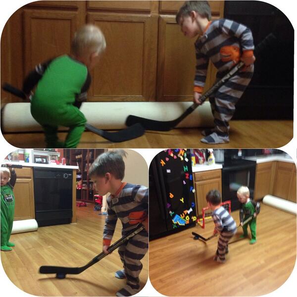 captain_jager's tweet photo. rolled the rug up and playing some hockey in the kitchen. #badweather=baddecisions #boyswillbeboys http://t.co/LeMoS8gCCN