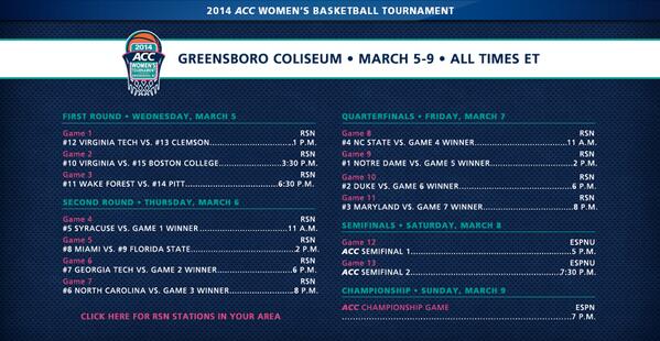 Pairings Set for 2014 #ACCWBB Tournament theacc.co/WBBbracket0302… BRACKET --&gt; theacc.co/WBB14bracket
