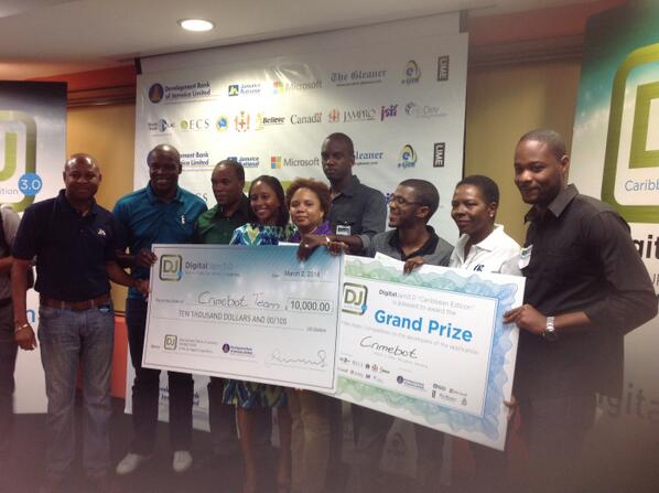 JamaicaGleaner's tweet photo. RT @digitaljam3: #digitaljam3 WINNERS PHOTO OPP...all the best in your journey @CrimeBot; follow them! http://t.co/yy8JsLlAW6