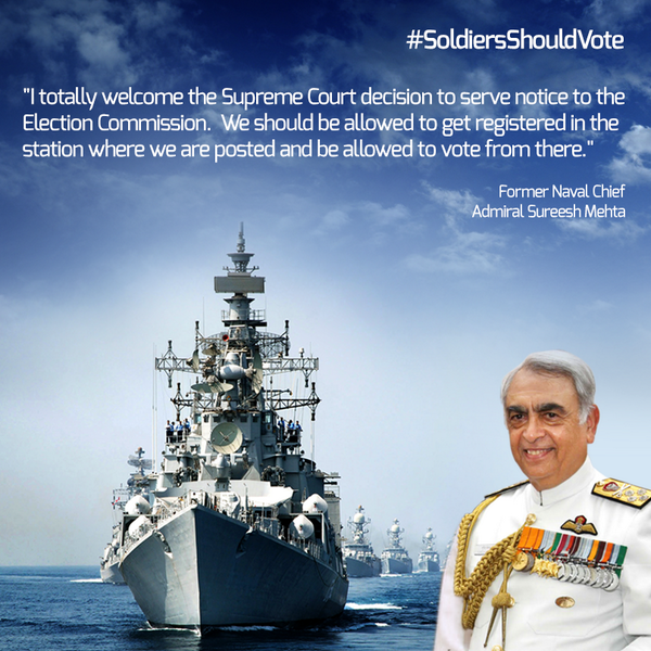 RajeevRC_X's tweet photo. Former Navy Chief Admiral Sureesh Mehta welcomes the SC decision to serve notice to the EC on #SoldiersShouldVote. http://t.co/iAnRycmGjr