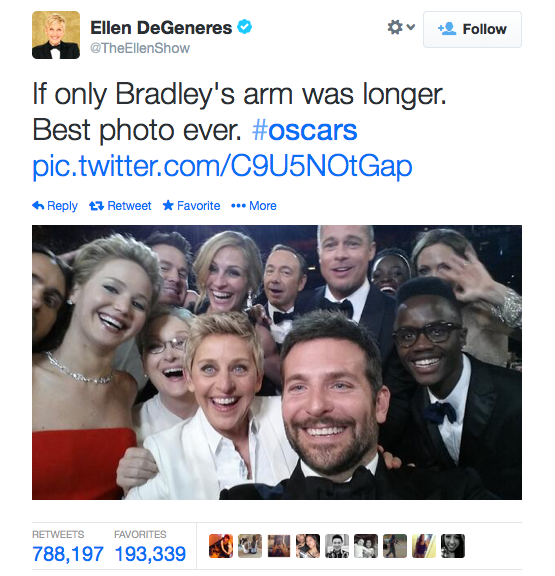 Slate's tweet image. Yup, the Ellen star selfie just surpassed the Obama "Four More Years" tweet for the RT record: slate.me/1ltT9eu