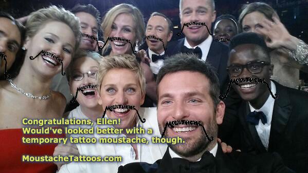StacheToos's tweet image. Congratulations, @TheEllenShow on a record breaking #Oscars tweet! We made a teeny adjustment... #TheOscars2014