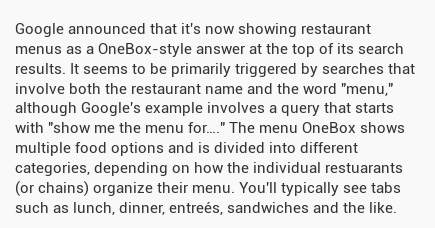 ViewsAboutTech's tweet image. Google announced that it’s now showing restaurant menus as a OneBox-style answer at the top of its...