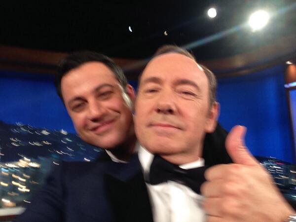 KevinSpacey's tweet image. Let&apos;s beat @TheEllenShow selfie w @jimmykimmel #photobomb