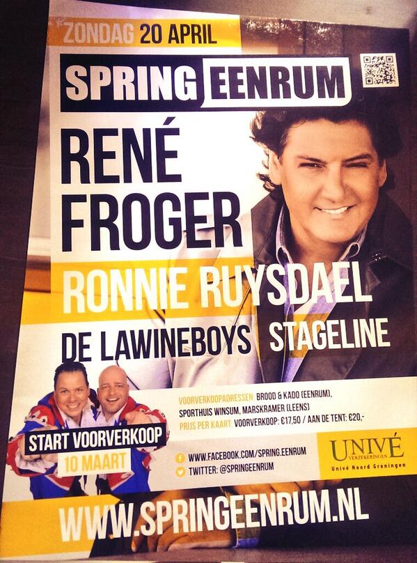 SpringEenrum's tweet photo. Eerste paasdag, 20 April is het weer tijd voor Spring Eenrum! met René Froger @Lawineboys @exsjonnies en @stageline! http://t.co/qkiLJyGFlo
