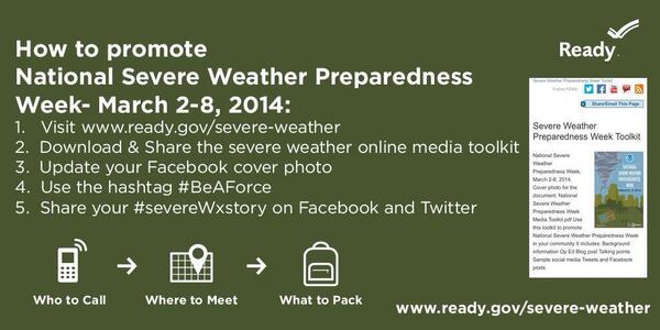 It's National Severe Weather Preparedness Week, help spread the word. ready.gov/severe-weather #SMEM #BeAForce