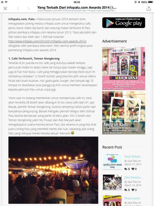 My_Fruwyt's tweet photo. Thankyou @SoalPALU sdh memuat berita tentang kami 😊
Buat @TemanNongkrong selamat yaa semoga jdi yg terfavorit terus 😄 http://t.co/HIqzDoDHrT