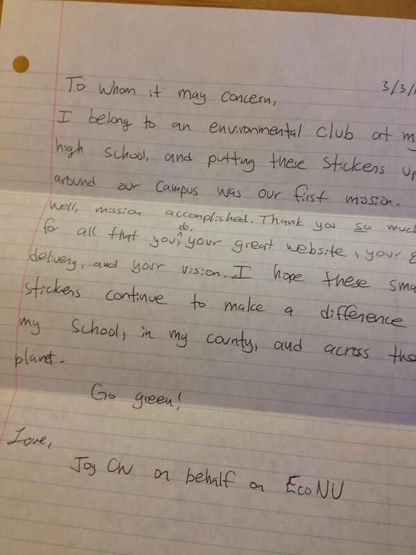 Kazanjy's tweet image. Hand-written thank you note for K-12 cost-free These Come From Trees stickers.