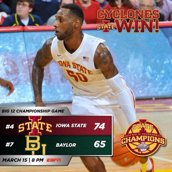 CycloneATH's tweet photo. RETWEET if you're proud to be ONE! Big 12 Champs! #cyclONEnation #Big12MBB http://t.co/kHitZSGZ6b