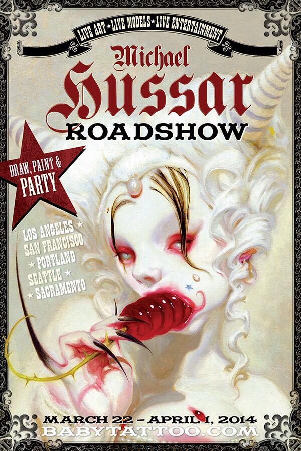 BabyTattoo's tweet photo. The @MICHAEL_HUSSAR Roadshow starts 1week from tonight. http://t.co/CZ9ythvkdV #LosAngeles #art http://t.co/NnnOXoF9mv