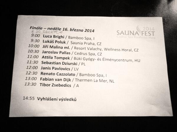 Rozpis dnesniho finaloveho dne na SaunaFestu 2014. Program of final day on SaunaFest 2014.