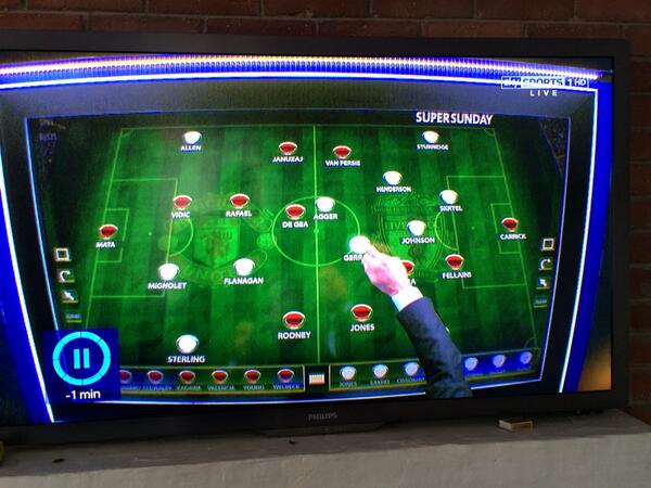 DaveTodayFM's tweet photo. Interesting pre-match formations by the two Jamies on Sky. Mata in goal for #MUFC. Carrick in goal for #LFC. http://t.co/fe4p0ubBFU