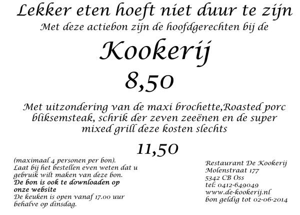 Nog geen dinner-plannen voor vanavond? Kom voordelig uit eten bij De Kookerij  <a href="/Iedereenuitoss/">Iedereen uit Oss</a> @iedereenschaijk