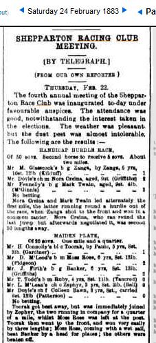 TatSheppRacing's tweet photo. History repeats... a Nora Creina running in 1883 at Shepparton Racing Club &amp; a Nora Creina trained at Tat in 2014! http://t.co/LkZVctCJxR