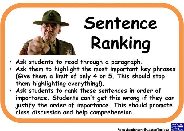 LessonToolbox's tweet photo. Promote class discussion to support #literacy with a sentence ranking...

#edchat #ukedchat #sunchat #engchat http://t.co/UmICGeFyvE