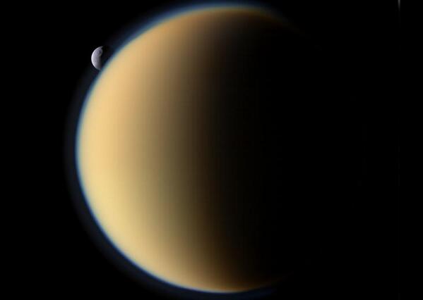 ObservingSpace's tweet photo. #Saturn's moon Tethys slips behind #Titan http://t.co/HJRCJIrwK4 #cosmos #realcosmos http://t.co/kLlOVLc4dA