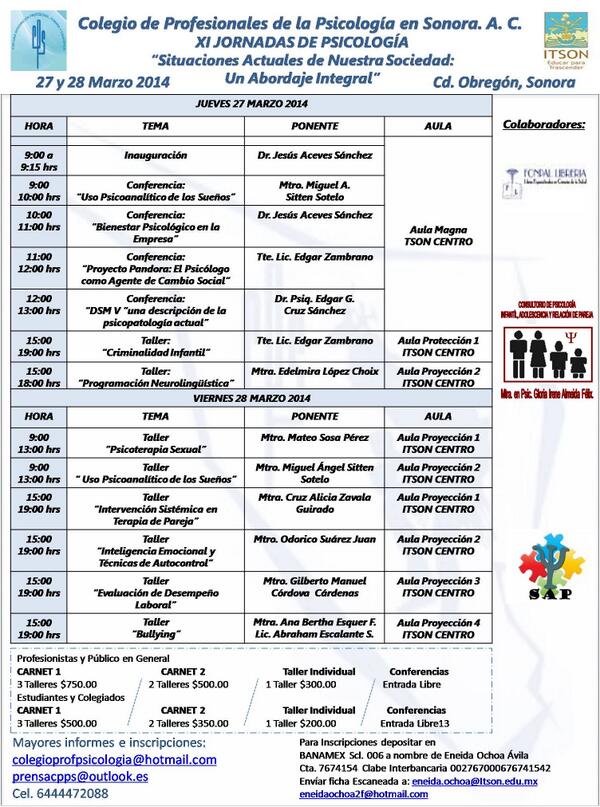XI Jornadas de Psicología: "Situaciones Actuales de Nuestra Soc.,  27 y 28 de Marzo  ITSON CENTRO, en Cd.Obregón, Son