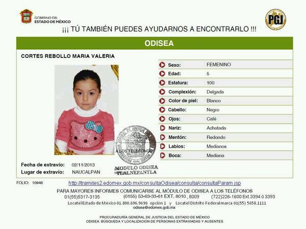 elizamarmar's tweet photo. @zonasatelite URGE! Localizar a Ma.VALERIA CORTEZ REBOLLO 5años sustraída 2/11/13 #Naucalpan ¿La has visto? RT http://t.co/vHzdM6XQTu