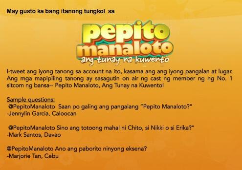 PepitoManaloto's tweet photo. May gusto ka bang itanong tungkol sa #PepitoManaloto?  I-tweet na ang iyong tanong! See pic for details! http://t.co/QIeePAwxP8